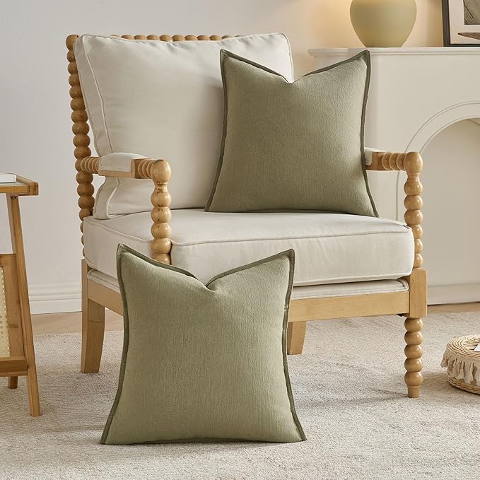 FUTEI Olive Green Chenille Throw Pillow Covers 18x18 Inch Set of 2,Edges Double-Stitched Cushion Cases,Modern Home Decor for Couch Living Room