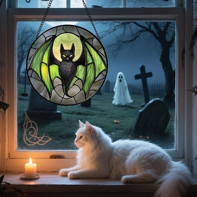 Stained Glass Window Hanging - Halloween Black Bat Green Wings Monster Suncatcher for Doors Garden Home Spooky Sun Catchers Gothic Decor Horror Gift for Women Men Friend Boy Girl 6.3 in