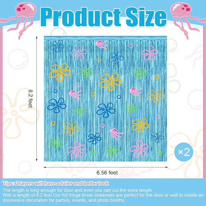 4 Pack Cartoon Sponge Theme Party Decorations 3.2ft X 8.2ft Under the Sea Party Supplies Flowers Bubbles Jellyfish Foil Fringe Photo Backdrop Decor for Birthday Sponge Party Photo Props