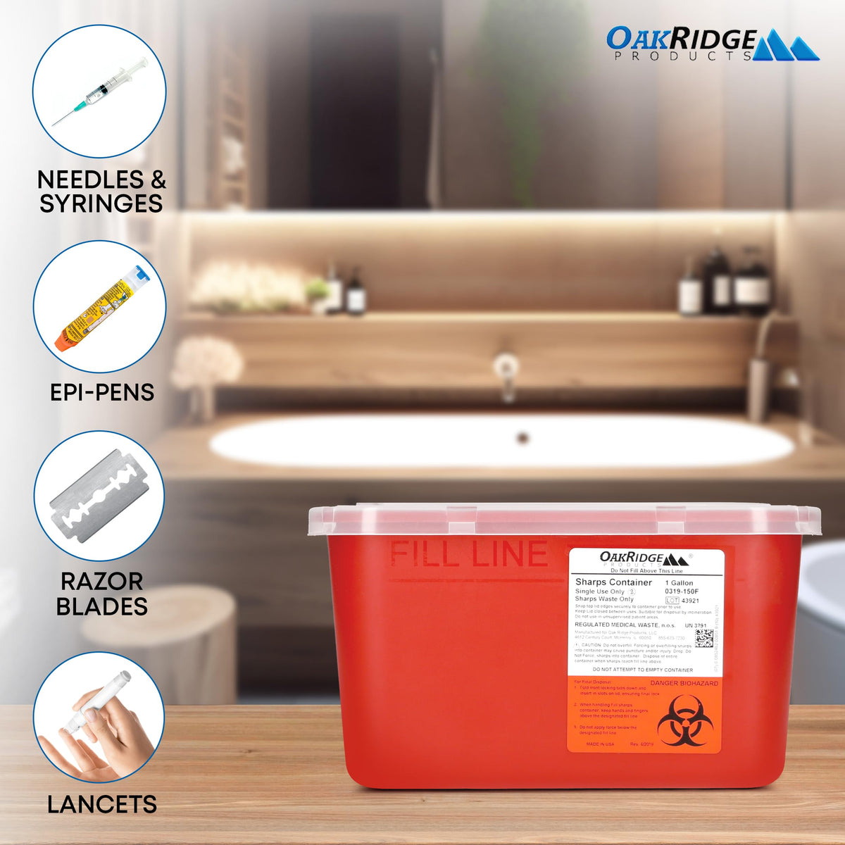 Oakridge Products Large Sharps Container for Home Use and Professional 1 Gallon (2-Pack), Biohazard Needle and Syringe Disposal, Pop Up Lid, CDC Certified