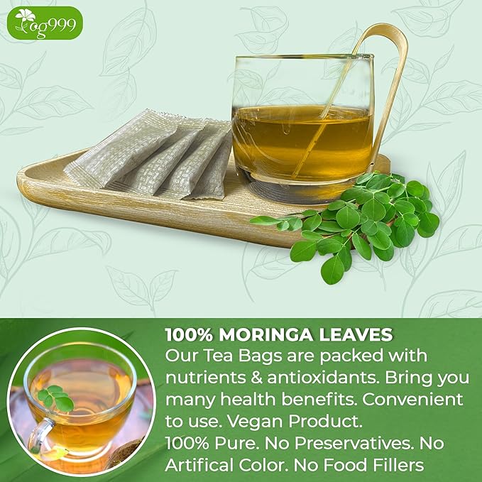 TOG999, Premium 60 Moringa Leaf Tea Bags, 100% Natural & Pure, Loose Leaf Moringa Herbal Tea. No Sugar, No Caffeine, No Gluten, Vegan.
