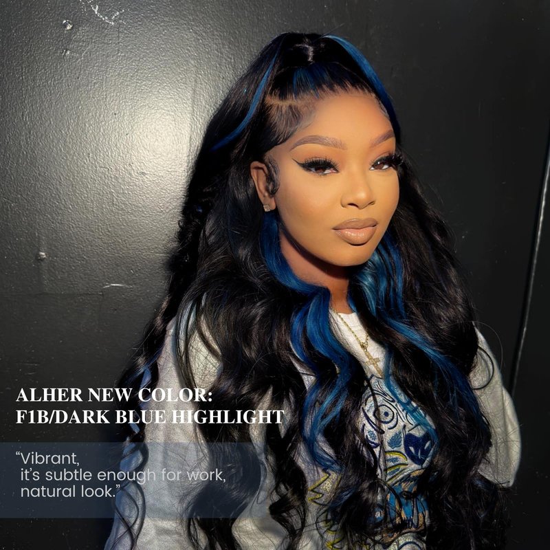 ALHER Black Mix Blue Highlight Body Wave 4x4 Lace Closure, 12A #1B/Blue Colored Closure Free Part Pre Plucked with Baby Hair, 100% Virgin Remy Human Hair for Black Women 150% Density 10 Inch