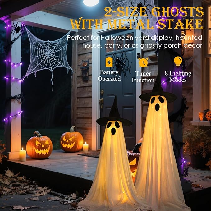 2 Packs Halloween Decorations Outdoor, Light Up Ghost Decorations with 8 Modes & Timer, Battery Operated Halloween Lights Spooky Ghost Decor for Front Porch Yard Lawn Haunted House Party Decor