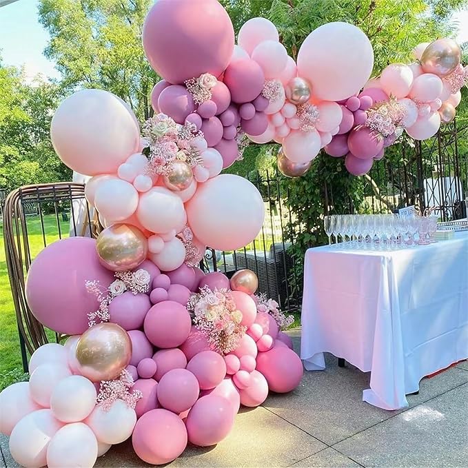 Dusty Hot Pink White Gold Balloon Garland Arch Kit, 146Pcs Retro Hot Pastel Pink Champagne Gold Sand White Latex Balloons Different Sizes for Wedding, Birthday, Graduation Party Decorations