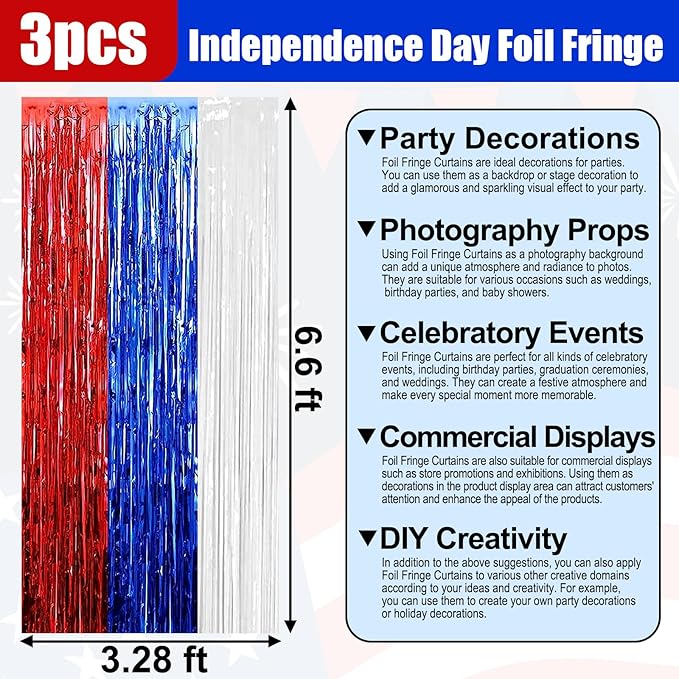 3 Pack White Blue Red Foil Fringe Curtain Backdrop, 3.28Ft x 6.6Ft Metallic Tinsel Foil Fringe Streamer Curtains for Photo Booth, Christmas Day, Thanksgiving, Wedding, New Year Party Decorations