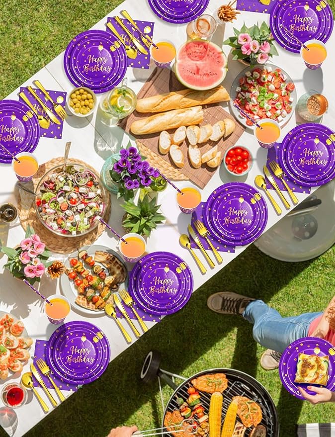Birthday Party Tableware, 161 Pieces Purple Gold Party Supplies, Dinnerware Sets Include Paper Plates Napkins Cups Silverware, for Shower Engagement Parties Decoration -20 Serves