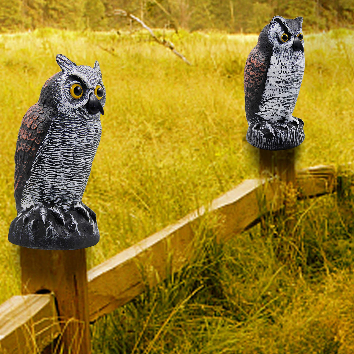 Hausse 2 Pack Fake Horned Owl Bird Scarecrow Decoy 10.5 Inch Height, Plastic Deterrents, Halloween Decoration, Nature Enemy Pest Repellent for Outdoor Garden Yard