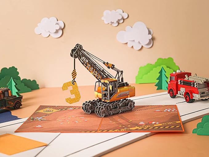 Liif Crane Truck Happy 3rd Birthday Card,3D Greeting Pop Up Birthday Card For 3 Years Old For Boy, Nephew, Grandson, Toddler,Fun Construction Vehicle Card,With Message Note & Envelop,Size 7x5 Inch