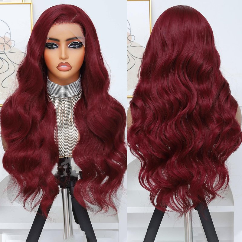 Ruiieea 99J Burgundy Lace Front Wig Synthetic 13x4 Lace Front Wig Body wave Lace Frontal Wig for Women Glueless Daily Use 26 Inch