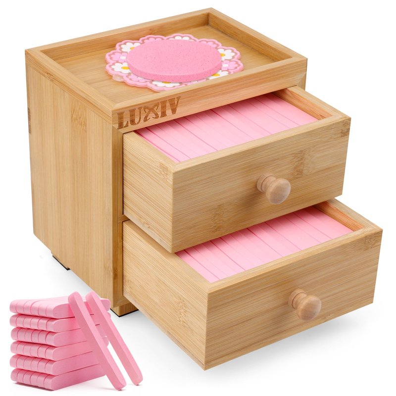 Luxiv 120 Pcs Facial Sponge Compressed with Bamboo Storage Box, Face Cleansing Sponge for Estheticians Round Compress Makeup Facial Sponge with 2 Layer Wood Drawer Storage Box, Mat