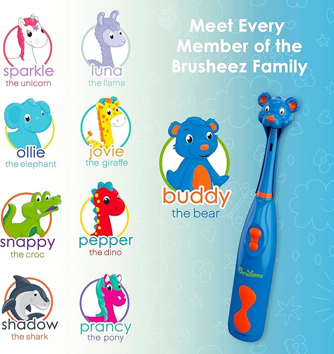 Brusheez Kids’ Electric Toothbrush Set - Safe & Effective for Ages 3+ - Parent Tested & Approved with Gentle Bristles, 2 Brush Heads, Rinse Cup, 2-Minute Timer, & Storage Base (Buddy The Bear)