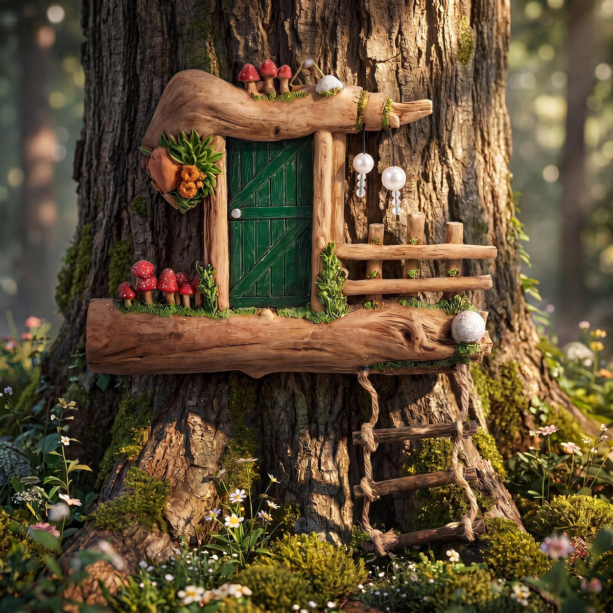 Sliner Fairy Door for Trees Outdoor Resin Fairy Garden Door Accessories with Pearl & Crystal Hanging Accents Miniature Gnome House for Garden Wall Outdoor Decorations Tree Trunk(Dark Green)