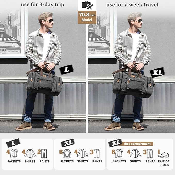 Gonex Canvas Duffle Bag for Travel 60L Expandable Duffel Weekend Overnight Bag men (Dark Gray)