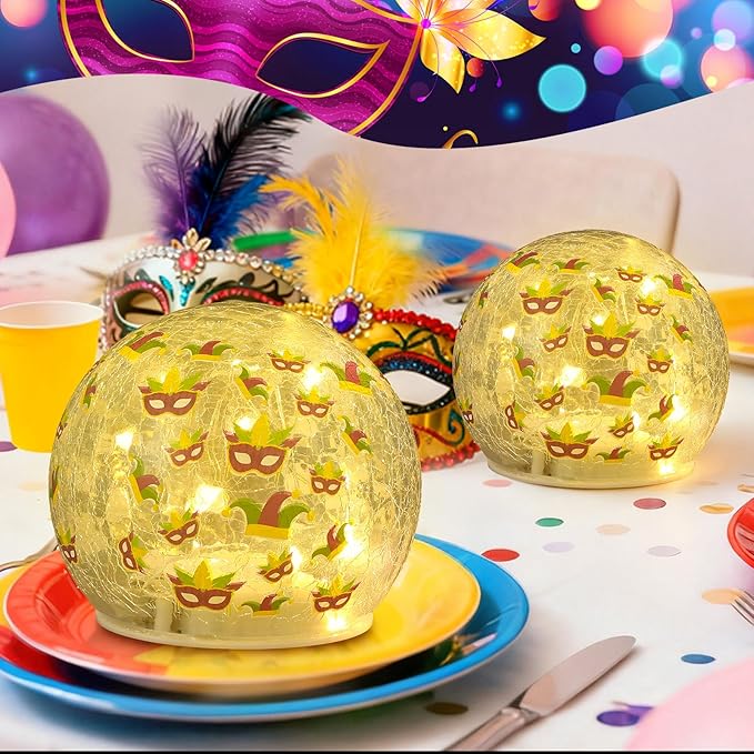 2 Pcs Mardi Gras Crackle Glass Globe Decor 4" Carnival Ball Lamp Night Lights with LED Timer Battery Operated Lighted Decorative for Bedroom Living Room Kitchen Garden Table Centerpiece Gift