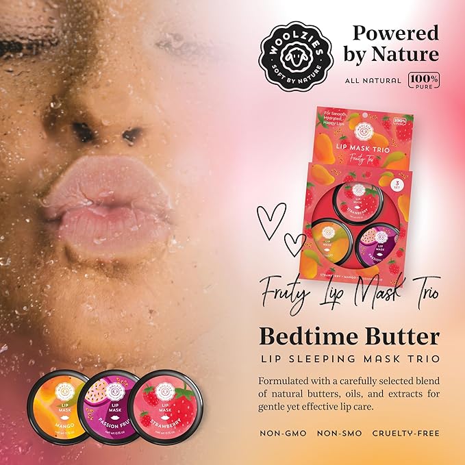 Overnight Lip Sleeping Masks Trio - Set of 3 All Natural Hydrating Lip Treatment - Overnight Repair for Soft, Smooth, Hydrated Lips (3 Pack, Fruity Trio)