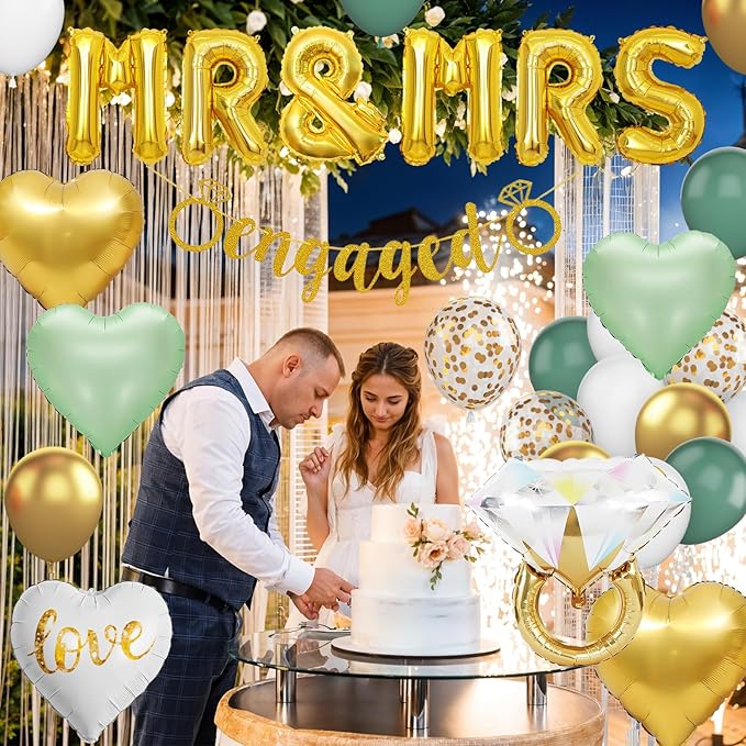 Sage Green Engagement Party Decorations, MR and MRS Balloons, Metallic Gold White Confetti Balloon, Love Heart and Diamond Ring Foil Balloon with Engaged Banner for Wedding Engagement Party Decoration