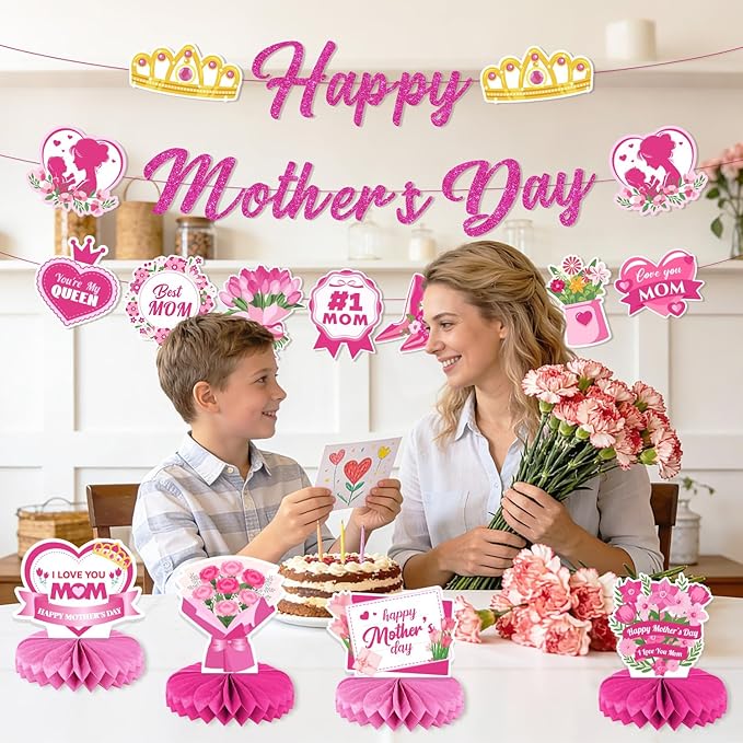 Mother's Day Decorations Set - Pink Glitter Happy Mother's Day Banner, Print Garland, Hanging Swirls, Honeycomb Centerpieces - Best Mom Ever Party Supplies