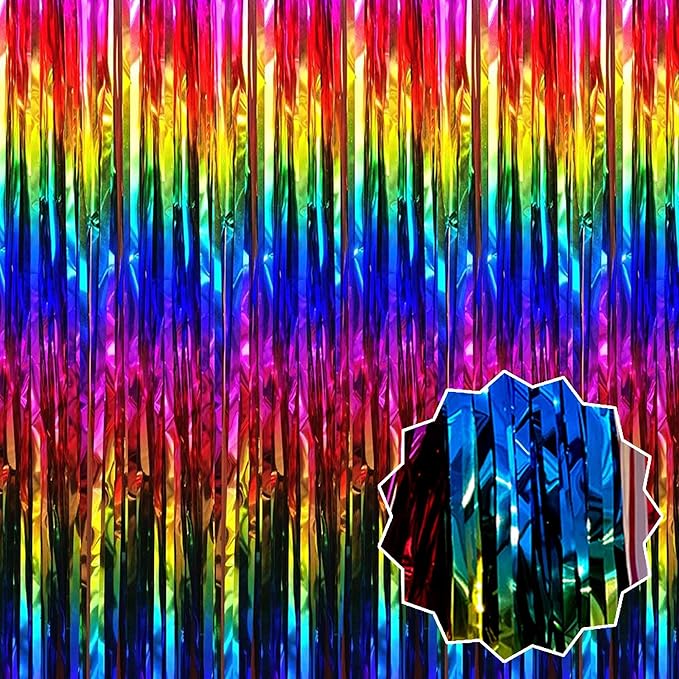 6 Pack Rainbow Foil Fringe Curtains Backdrop, 3.28 x 9.8 Ft Metallic Streamers Tinsel Curtains Background for Photo Booth, Birthday, Halloween, Christmas, Thanksgiving, New Year Party Decorations