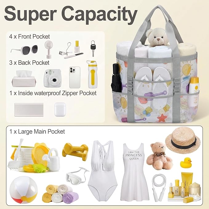 Mesh Beach Bags for Family - Women Beach Tote Bag for Toys, Towels, Travel Vacation Cruise Essentials