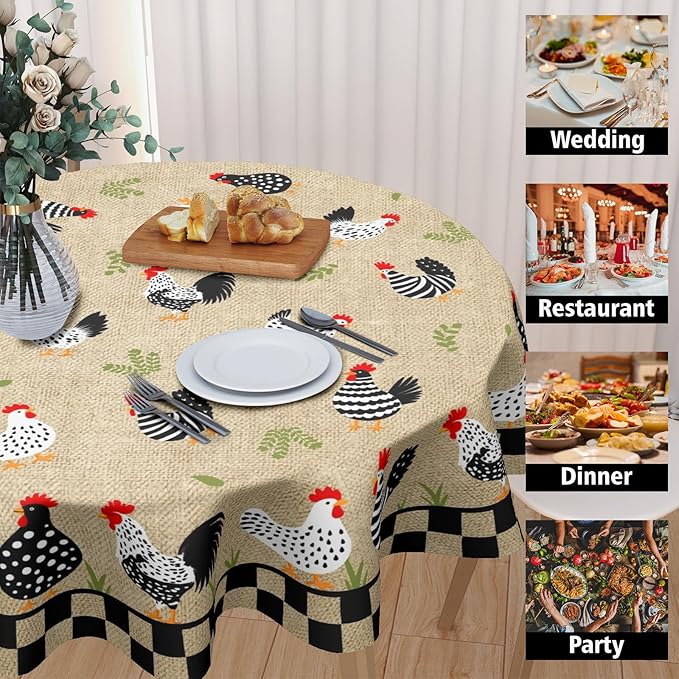 Rooster Round Tablecloth 60 Inch Chicken Farmhouse Circle Table Cloth Rustic Vintage Table Cover Washable Polyester Decorations for Holiday Home Kitchen Dinning Party