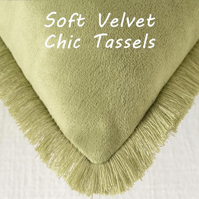 FUTEI Sage Green Velvet Decorative Throw Pillow Covers 12x20 Set of 2,Soft Cozy Edge with Tassels Lumbar Pillow Cases,Boho Modern Home Decor for Couch Bed Living Room