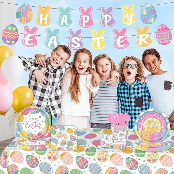 52 Pcs Easter Party Supplies Easter Party Decoration with Happy Easter Banner Bunny Dinnerware Tablecloth Disposable Paper Plates Napkins Colorful Eggs Cups Easter Spring Holiday Party Decoration