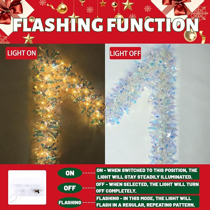 LAWOHO 2 Pack 6.5FT Christmas Tinsel Garland with Lights, Shiny Iridescent Foil Garland for Valentines Day, Christmas Tree, Wedding Birthday Party, New Year Holiday, Indoor Outdoor Hanging Home Decor