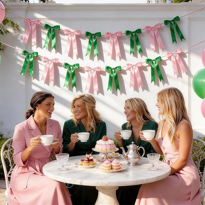 2 Strings Pink & Green Bow Garland Banner Decorations, 16Pcs Pre-Strung Satin Ribbon with 6.7ft Chain for Girls Ribbon Bow Banner Coquette Room Birthday Baby Shower Bachelorette Wedding Party Decor