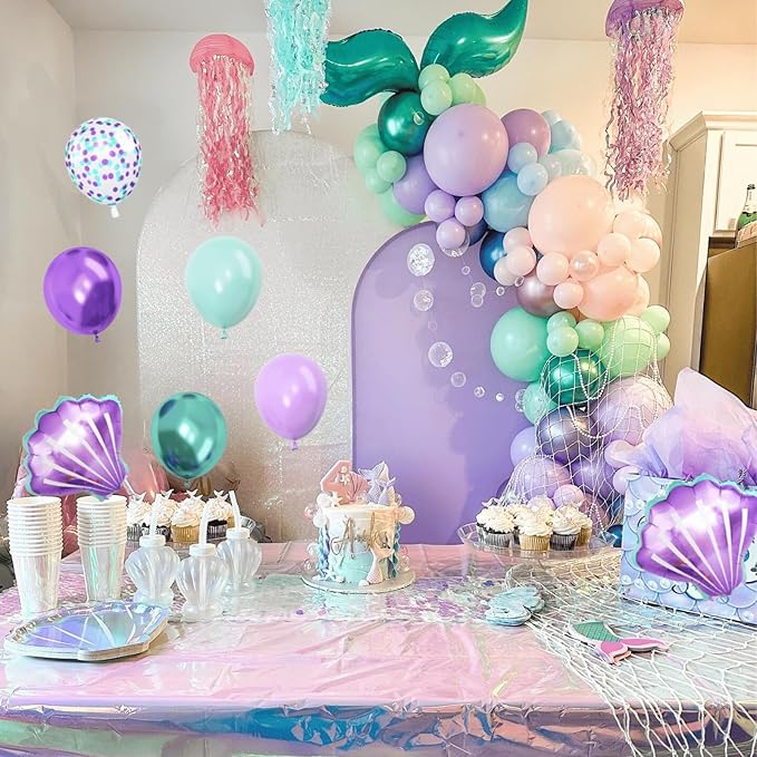 6th Mermaid Birthday Decoration for Girls,Pink Purple Green 6th Birthday Balloon Number 6 Seashell Foil Balloons Banner Mermaid Sea Party Decor Supplies for 6 Year Old