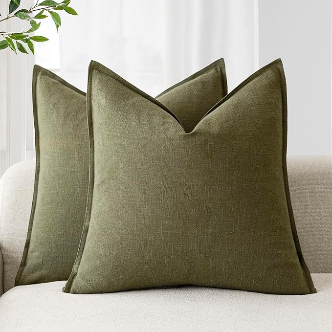 Foindtower Pack of 2, Decorative Linen Soild Throw Pillow Covers Soft Accent Cushion Case Boho Farmhouse Pillowcase for Chair Couch Sofa Bedroom Living Room Home Decor 22 x 22 Inch Olive Green