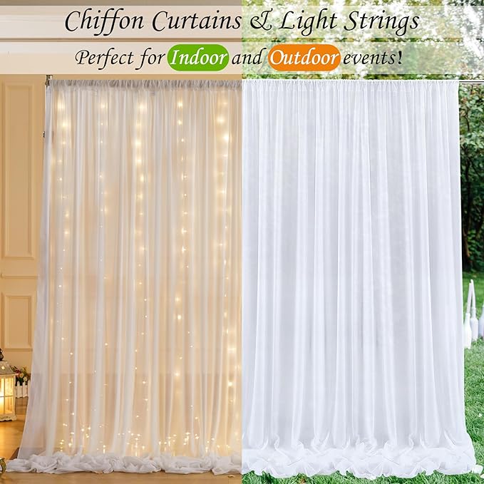 10ft x 10ft White Chiffon Backdrop Curtain with Lights String for Parites Wedding Wrinkle Free Curtain Photo Backdrops Drapes for Baby Shower Birthday Party Home Decorations