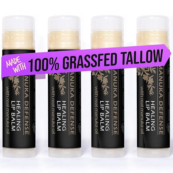 BALM OF GILEAD Manuka Defense Healing Lip Balm - Intensive Moisture Therapy in Tube w/Manuka, Tea Tree & Cooling Peppermint - Ideal for Chapped & Cracked Lips - Beauty Pack Of 4-0.15 oz