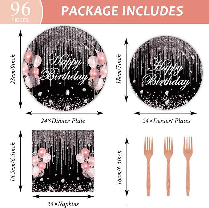 Chiazllta 96 Pcs Black & Rose Gold Party Paper Plate and Napkins - Pink Rose Gold Birthday Party Table Decoration Supplies - Pink Glitter Paper Plate Napkin Fork for 24 Guests