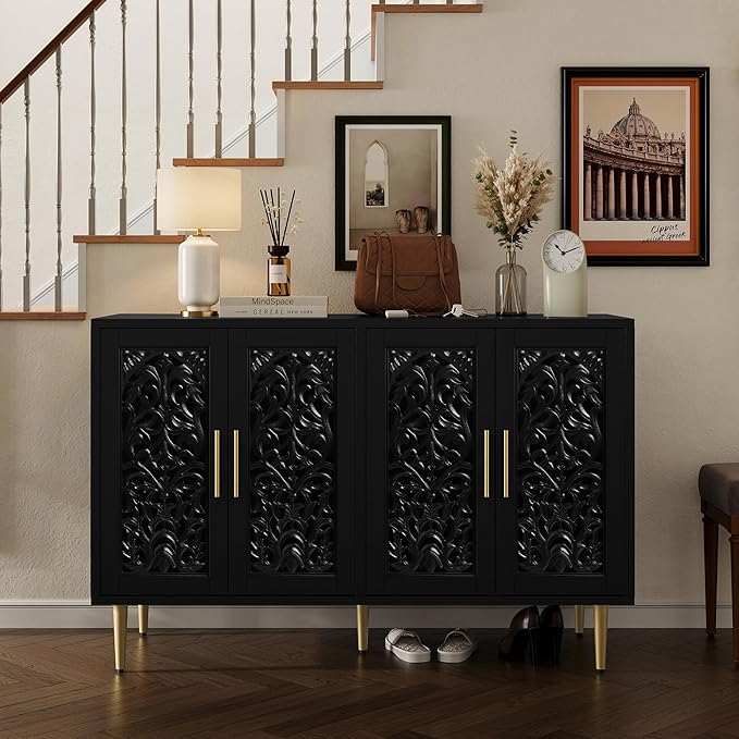ARTPOWER 47.8" Accent Cabinet with 4 Doors, Vintage Hollow Carving Buffet Cabinet, Sideboards and Buffets with Storage, Credenza for Living Room, Kitchen, Dining Room, Entryway, Hallway, Black
