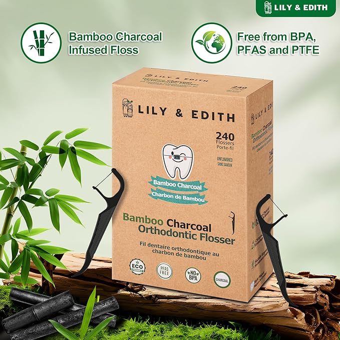 LILY & EDITH Orthodontic Flossers for Braces for Adult & Kid, 240 Count, Ortho Dental Floss Picks, Fluoride & Chemical Free, Fits Under Arch Wire, Bamboo Charcoal Flosser Remove Plaque, Unflavored
