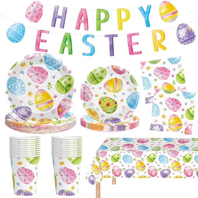 102 Pcs Easter Party Decorations Set - Spring Watercolor Eggs Paper Plates and Napkins Kit, Includes Happy Easter Banner, Plates, Napkins, Cups, Plastic Tablecloth for Easters Supplies Table Decor