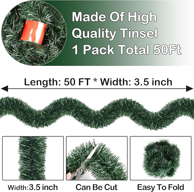 50FT Christmas Green Garland Artificial Greenery Garland for Christmas Tree Decorations, Xmas Decor for Home Fireplace Mantle Stairs Holiday Party Indoor Outdoor