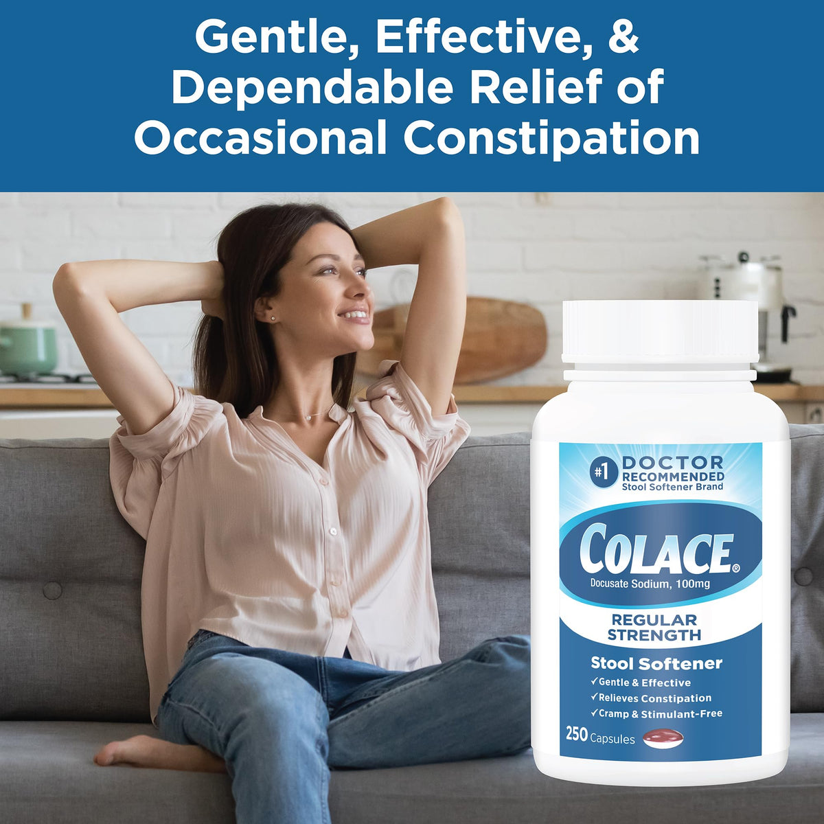 Colace Stool Softener 100 mg, 250 Capsules, Constipation Relief, Docusate Sodium, Gentle Docusate, Stimulant-Free, Regular Strength, #1 Doctor Recommended Stool Softener Brand