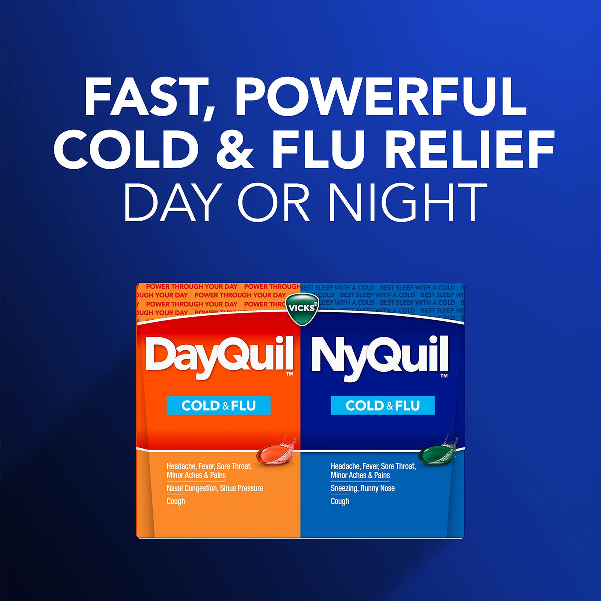 Vicks DayQuil & NyQuil Co-Pack, Cold & Flu Medicine, Powerful Multi-Symptom Daytime & Nighttime Relief for Headache, Fever, Sore Throat, Minor Aches & Pains, & Cough, 72ct