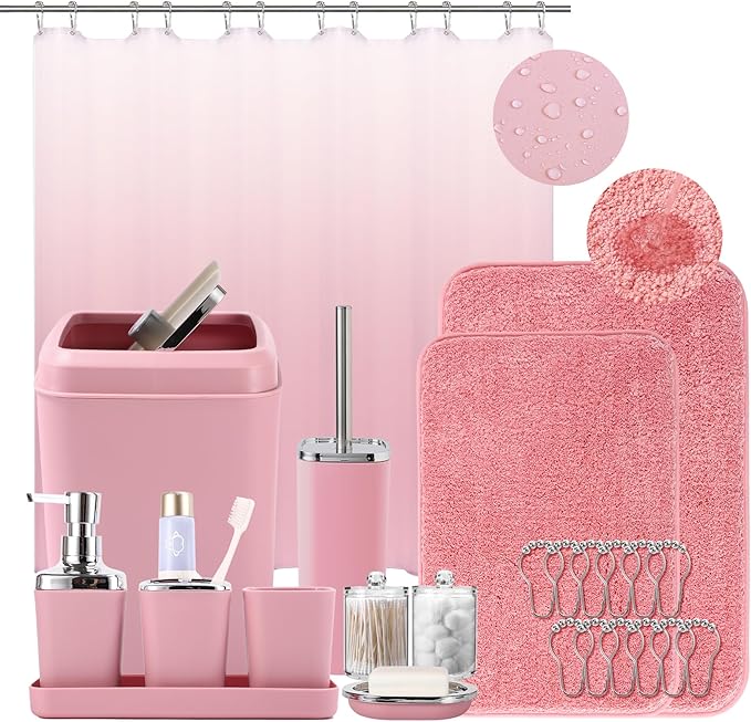 Bathroom Accessory Set–Bathroom Sets with Shower Curtain and Rugs, Non Slip Bathroom Rugs Super Absorbent, Pink Ombre Waterproof Shower Curtain with Hooks, Pink Bathroom Sets Complete for Home