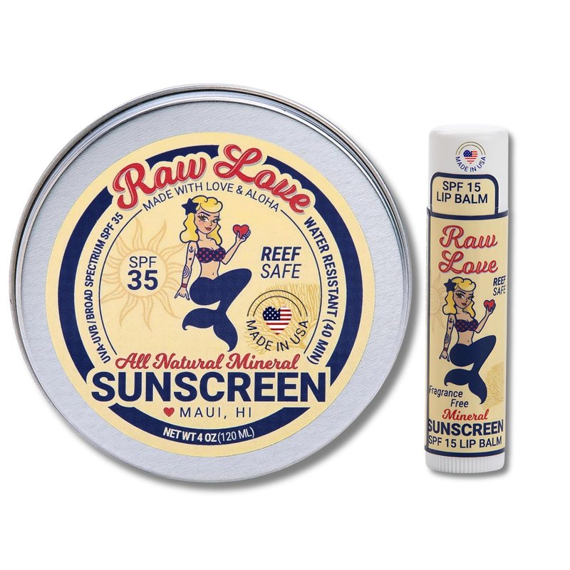 Raw Love Sunscreen Bundle | Reef Safe SPF 35+ Sunscreen & SPF 15 Lip Balm | Mineral Sunscreen with Non-Nano Zinc Oxide | Water Resistant, Baby Safe, Plastic Free | Made in USA