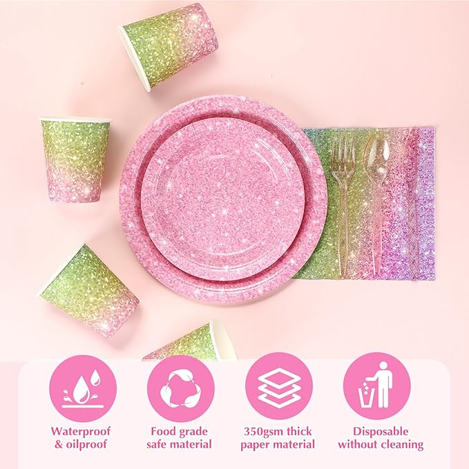 Hushee 175 Pcs Pastel Rainbow Holographic Print Party Supplies Guests Disposable Dinnerware Set Include Paper Plates, Napkins, Cups, Plastic Cutlery for Wedding Birthday Disco Bachelorette