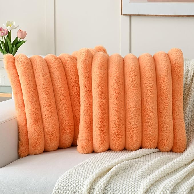 FUTEI Orange Decorative Throw Pillow Covers 16x16 Inch Set of 2, Square Soft Faux Rabbit Fur Thick Striped Cushion Cover,Winter Home Decor for Couch Bed Living Room
