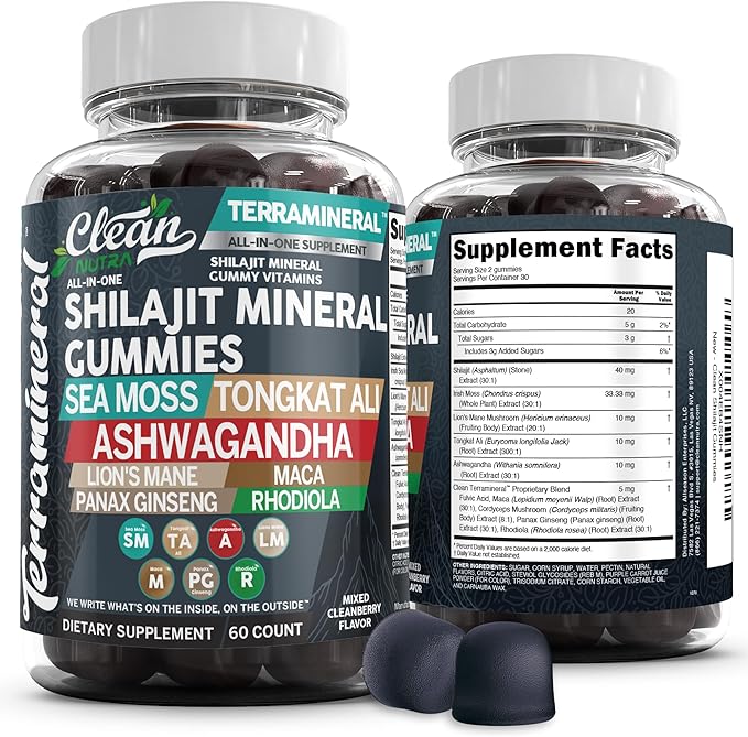 Terramineral Shilajit Gummies with Irish Sea Moss Tongkat Ali Ashwagandha Lion's Mane MACA Panax Ginseng Rhodiola & Cordyceps by Clean Nutra (1)