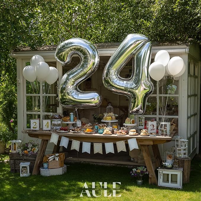 AULE 40 Inch Large 24 Balloon Numbers Silver, Big Foil Number Balloons, Giant Helium Happy 24th Birthday Party Decorations for Man and Women, Huge Mylar Anniversary Party Supplies