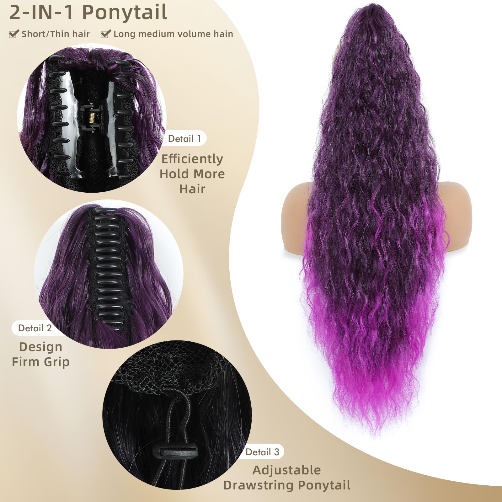 Claw Clip in Ponytail Extension 30 Inch Long Wave Curly Pony Tail Hair Extensions for Women fluffy Natural Looking Synthetic Hairpiece for Daily Use(Ombre Purple, 30Inch)