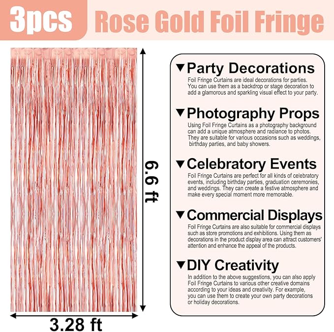 3 Pack Rose Gold Foil Fringe Curtain Backdrop, 3.28Ft x 6.6Ft Metallic Tinsel Foil Fringe Streamer Curtains for Photo Booth, Christmas Day, Thanksgiving, Wedding, New Year Party Decorations