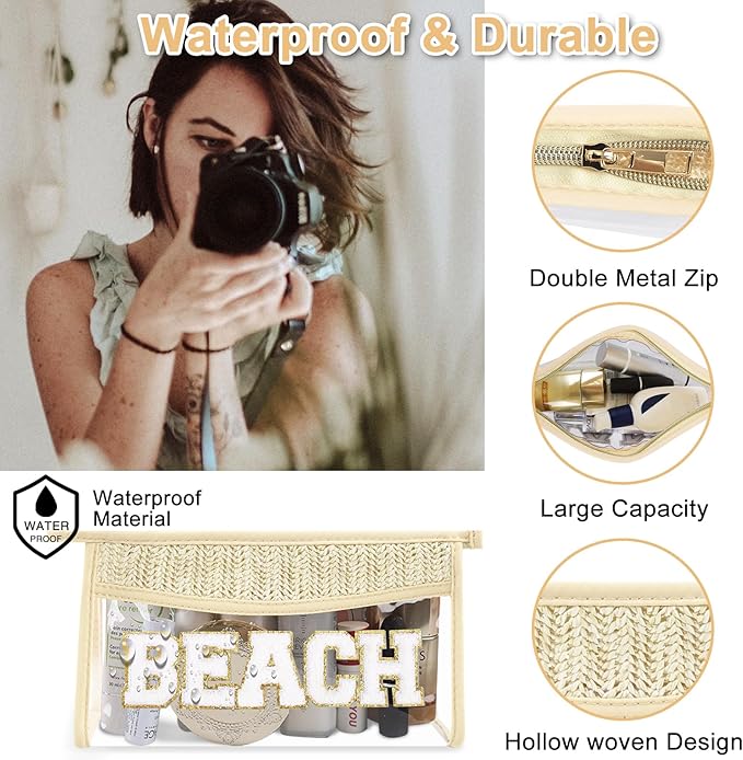 Iqimott 2Pcs Clear Patch Makeup Letter Bag, Boho Letter Bag for Beach Swim, Waterproof Zipper Make up Bags Toiletry Pouch for Women Girls, Clear Letters Patch Cosmetic Bags for Travel(Beach)