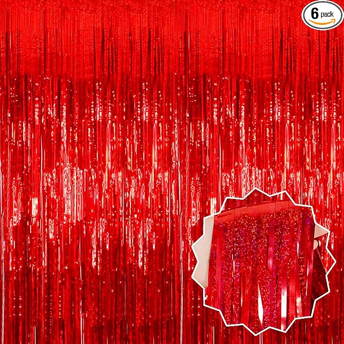 6 Pack Red Foil Fringe Curtains Backdrop, 3.28 x 8.2 Ft Metallic Streamers Tinsel Curtains Background for Photo Booth, Birthday, Christmas, Halloween, Thanksgiving, New Year Party Decorations