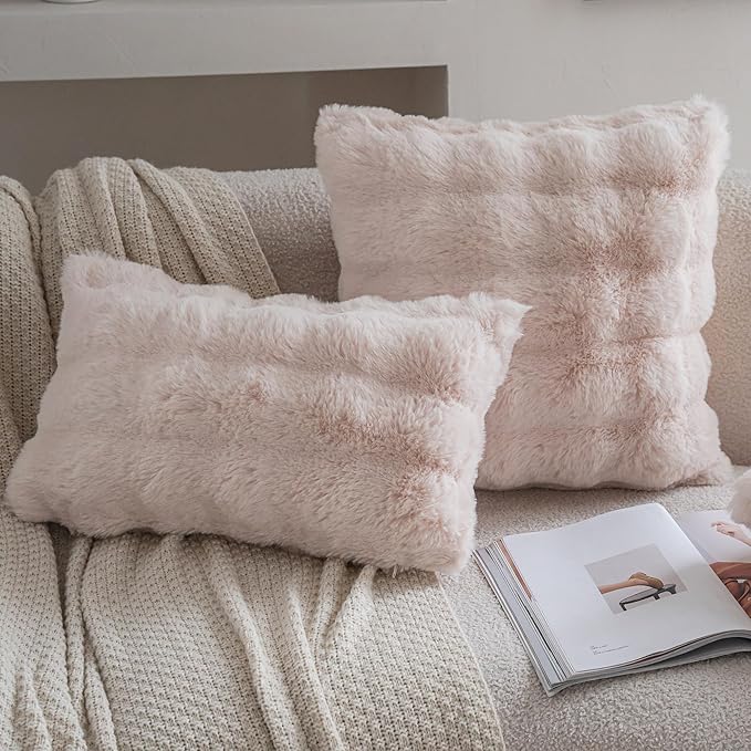 Neelvin Beige Faux Fur Cozy Soft Double-Sided Decorative Throw Pillow Covers 16x16 inch Set of 2,Velvet Pillowcase Cushion Case for Sofa Couch